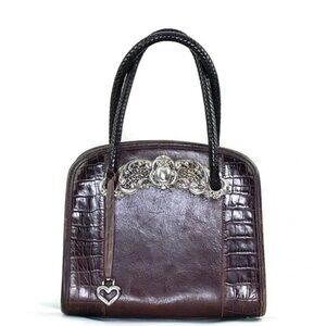 Brighton Brown Leather Croc Embossed Purse Silver hardware Zip Closure
